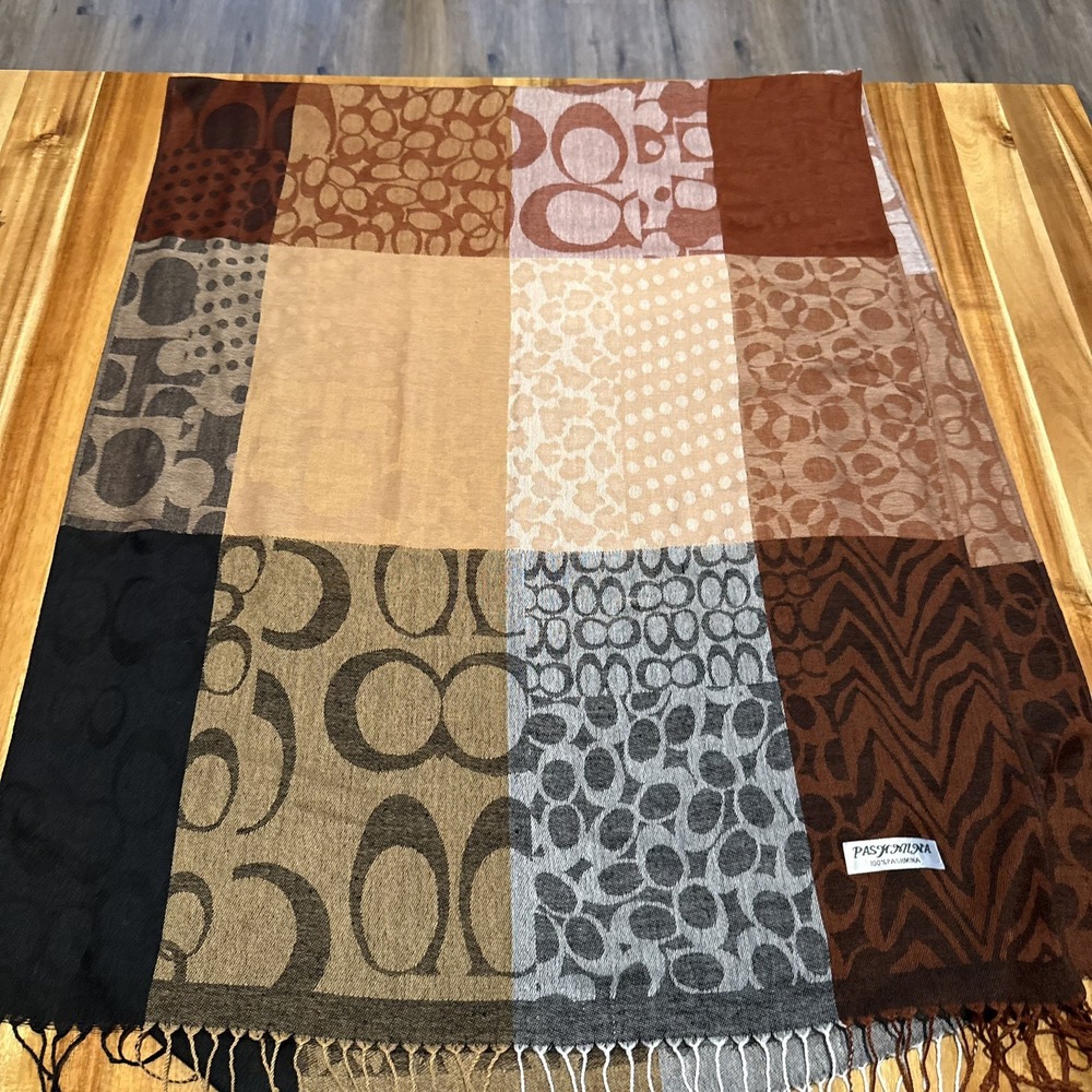 100% Pashmina Scarf Shawl Brown Tan Black Patchwork Fringe Wrap Boho Neutral